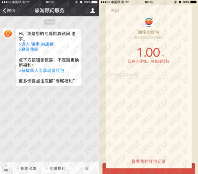 关注旅游顾问服务领取1元红包